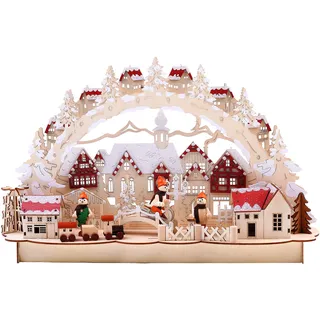 BRUBAKER 3D LED Lichterbogen Schwibbogen - Winterlandschaft mit Altstadt - LED Beleuchtung - Holz natur - 43,5 x 27 x 10,1 cm - Handbemalt