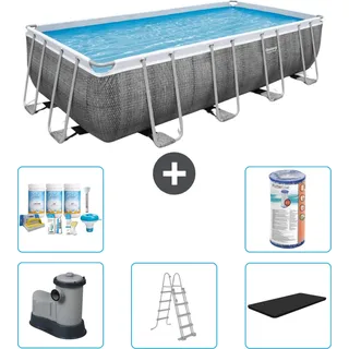 Bestway rechteckiges Power Steel-Schwimmbecken – Rattan-Druck – 549 x 274 x 122 – inklusive Pumpe – Leiter – Abdeckung Wartungspaket - Filter