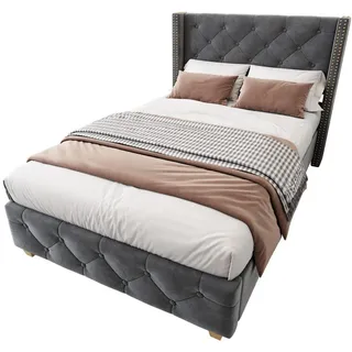 Flieks Polsterbett 90x200cm Grau Samt Mit Knopfpolsterung , Textil , 90x200 cm , Schlafzimmer, Betten, Polsterbetten