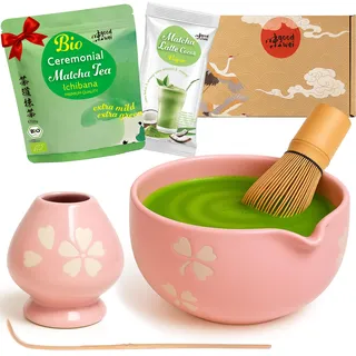 Goodwei Matcha-Set komplett mit hochwertiger Matcha Schale aus Keramik mit Ausgießer, Matcha Besen und Besenhalter | Geschenkset für Teezeremonie mit BIO Matcha und Cocos Matcha Latte (Hanami)