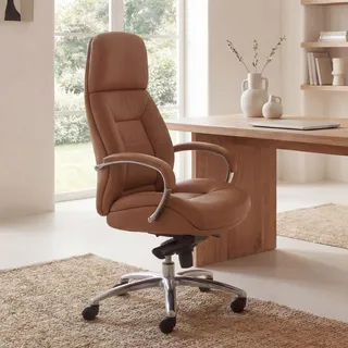 FineBuy Designer Bürostuhl Caramel Bezug Echtleder Schreibtischstuhl bis 120 kg XXL Chefsessel höhenverstellbar Drehstuhl ergonomisch mit Armlehnen - Beige