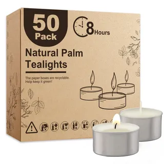 Ashlux Palmwachs Teelichter, 50 Stück weiß, 8-9 Stunden Brenndauer, rußfrei & geruchlos, tropffrei mit Aluminiumhülle, paraffinfrei für Hochzeit, Party, Tischdeko & Stromausfälle