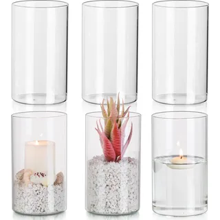 Glasseam Glaszylinder für Kerzen Windlicht Glas: 6er Set Kerzengläser | Klar Kerzenglas für Kerzenhalter Stumpenkerzen, Windlichter Outdoor, Vasen, Tischdeko, Hochzeit Wohnzimmer Dekoration