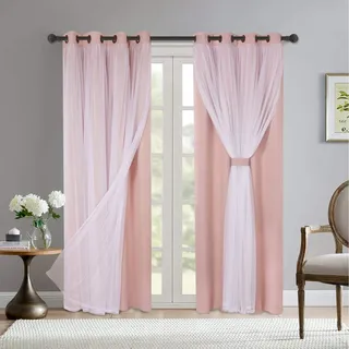 Bonzer Mix and Match Verdunkelungsvorhänge mit Ösen, doppellagige Vorhänge mit weißem durchsichtigem Voile, für Wohnzimmer, Blush, 132 x 213 cm, 2 Paneele