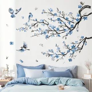 decalmile Wandtattoo Vögel auf Ast Blumen Wandaufkleber Blüten Äste Blau Wandsticker Schlafzimmer Wohnzimmer Babyzimmer Wanddeko