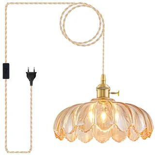 Plug-In-Hängelampe, Hängeleuchte Glas-Pendelleuchte, Vintage-Bernstein-Hängelampe mit Stecker, Pendelleuchten Wohnzimmer, Geeignet für Kücheninsel, Esszimmer, Wohnzimmer, Leuchtmittel Nicht Enthalten