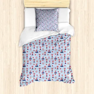 ABAKUHAUS Leuchtturm Mantele, Meer und Wellen, Milbensicher Allergiker geeignet mit Kissenbezügen, 135 cm x 200 cm - 80 x 80 cm, Blassblau, Rot, Weiß - Rot
