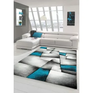 Teppich-Traum Kurzflor Teppich Karo-Patchwork-Muster Türkis Grau 80x300 cm | Pflegeleicht, strapazierfähig, allergikerfreundlich und OEKO-TEX geprüft, Konturenschnitt, für Wohn- & Schlafzimmer