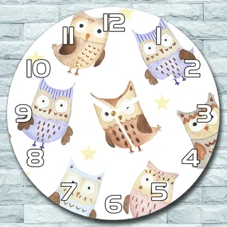 Wanduhr aus Glas Rund fi 30 Märchen Eulen Quarz Deko Wohnzimmer Büro