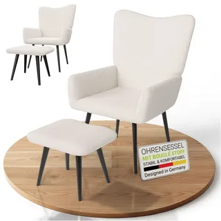 Juskys Ohrensessel Odense Bouclé 68 x 95 x 73 cm Beige mit Hocker 