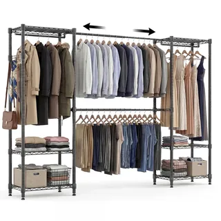 Himimi Kleiderständer Stabil, Offener Kleiderschrank System mit 4 Kleiderstangen & 6 Höhenverstellbaren Regalen, Teleskop-Kleiderständer Schwerlast Metall für Schlafzimmer, 35×(182-240)×180cm, Schwarz