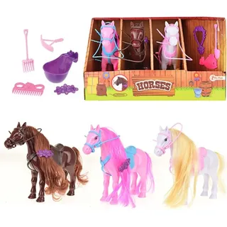 HORSES 06226A - Pferdestall, Pferdeset inklusive Pferdestall aus Pappe mit 3 Märchen-Pferden