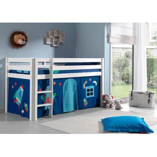 Vipack Hochbett »Pino, Spielbett massiv Kiefer, stabil gebaut, 3 Korpusfarben zur Wahl« inkl. Rolllattenrost, Leiter und Absturzschutz, mit oder ohne Rutsche, Textil-Set "Astronaut", inkl. Vorhang, mit oder ohne Tunnel, weiß