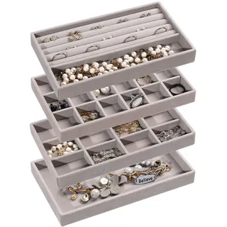 Frebeauty Schmuck Organizer Tablett, stapelbare Samt Schmuck Tabletts, Schublade Einsätze Ohrring Organizer für Frauen Mädchen Schmuck Lagerung Vitrine für Ringe Stud Halsketten, Set 4(Grau)