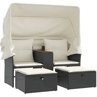 Gartensofa 2-Sitzer mit Dach und Hockern Schwarz Poly Rattan - Schwarz