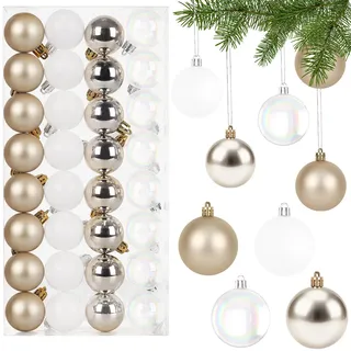 32 Stück Perlglanz Weihnachtskugeln Set,4CM Christbaumkugeln Kunststoff Champagner & Weiß Weihnachtsbaumkugeln Bruchsicher Weihnachtsdeko mit Aufhänger Weihnachten Deko Kugeln