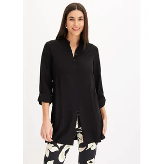 Longbluse BONPRIX, Damen, Gr. 50, schwarz, Web, Obermaterial: 100% Viskose, festlich, gerade, Blusen Longbluse, gerade Passform, mit langem Arm, aus Viskose, mit Stehkragen