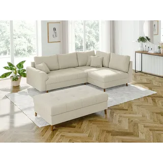 s-style möbel Ecksofa mit Schlaffunktion und Hocker mit Braun Holzfüßen im skandinavischen Stil aus Beige, Cord-Stoff,