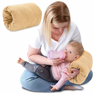 Stillkissen Musselin klein Breastfeeding und Nursing Pillow für unterwegs 20 cm - Stillmuff Armkissen und Lagerungskissen Baby Arm Still Kissen Oeko-Tex Beige