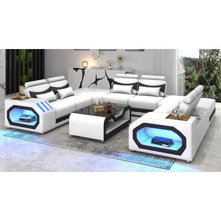 Design Wohnlandschaft Großes Sofa XXL U Form Ecksofa Ledersofa Weiß LED - Weiß