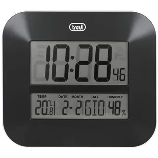 Trevi OM 3520 D, Digitale Wanduhr mit LCD-Display, Modernes Design, Zeitanzeige, Kalender, Temperatur und Luftfeuchtigkeit, Schwarz, 27 x 23,5 x 3 cm