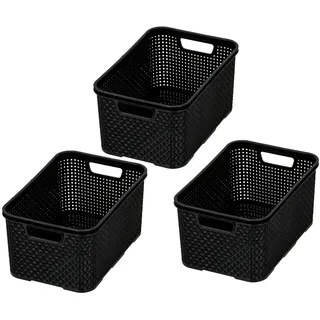 branq home essential BranQ - Home essential Korb in Rattan Design 3er Set Grösse S 7l, BPA-frei Kunststoff PP, Schwarz, 28,5x19,5x12,9 cm, 3 Stk.