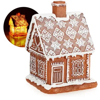 com-four® Lichthaus in Lebkuchen-Optik 18 cm - Lebkuchenhaus mit Beleuchtung - Weihnachtsdekoration mit zeitgesteuerter Beleuchtung - Weihnachtsdekoration (1x Lebkuchen Haus)