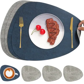 Chitomars Tischsets Kunstleder und Untersetzer, Tischsets Abwaschbar Doppelseitigen rutschfest Platzsets Rund Lederoptik Platzdeckchen Teller Untersetzer (4er Set, Grau Blau)
