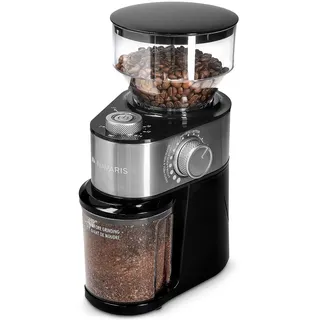 Navaris Elektrische Kaffeemühle mit Edelstahl Scheibenmahlwerk - 200W - für bis zu 14 Tassen Kaffee - 18 Mahlgrade - Kaffee Mühle Metallic Silber