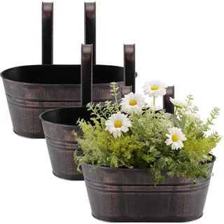 HEIYUET 3er Set Metall Hängetöpfe, Vintage Pflanztopf Hängetöpfe Balkon Blumentöpfe zum Aufhängen, Hängende Blumenkasten mit Haken für Außen innen Balkon Dekoration Garten Zaun