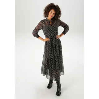 Maxikleid ANISTON CASUAL, Damen, Gr. 36, N-Gr, schwarz-weiß (schwarz, weiß), Chiffon, Obermaterial: 100% Polyester. Futter: 100% Polyester, bedruckt, gemustert, gepunktet, lässig geschnitten knöchellang, V-Ausschnitt, 1-Knopf-Manschette, Kleider Maxikleid, mit interessantem Kettendruck aus Punkten, Topseller