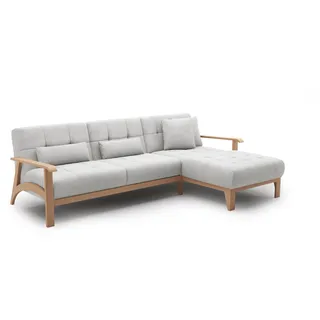 Cavadore Ecksofa Billan / Schlafsofa im skandinavischen Design mit Longchair, Bett und massivem Holzgestell in Buche / 264 x 88 x 183 / Mehrfarbiger Strukturstoff, Hellgrau