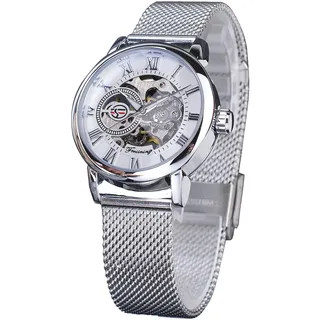 FORSINING Automatische mechanische Damenuhr, luxuriöses Skelett, goldenes Zifferblatt, Edelstahl-Mesh-Band, römische Ziffern, selbstaufziehende Uhr, silber, Armband