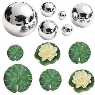 Auzlya 12 Stück Schwimmkugeln Teich,Dekokugel Schwimmkugeln | Edelstahl Dekokugel Silber,Schwimmkugeln für Miniteich,Schwimmende Blumen,Teich Deko für Teich Springbrunnen Garten