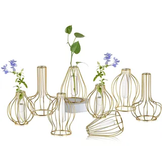 Sziqiqi Glas Propagation Station mit Metallrahmen - Mini Gold Geometric Vasen Set von 8 Modernen Gestell Blumenvase für Hydrokultur Pflanzen Kleine Dekorative Bud Vase für Tisch Hochzeit Mittelstücke