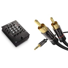Numark M4-3-Kanal Scratch DJ Mixer, Rack-montierbar mit 3-Band EQ, Mikrofoneingang und Crossfader & KabelDirekt - 3.5mm 2 Cinch Y Kabel - 1,5m - (3.5mm > 2 RCA, Klinke auf Cinch) - PRO Series