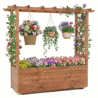 KOMFOTTEU Erhöhter Pflanzkübel aus Massivholz mit Rankgitter für Kletterpflanzen und hängendes Dach, Hochbeet mit Entwässerungslöchern für Gemüse, Obst, Kräuter, Blumen, Gartenbeet für den außen und innen - Naturbelassen