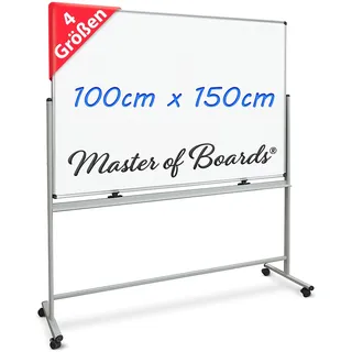 Master of Boards Magnettafel Whiteboard mit Ständer 100 x 150cm mobiles White Board auf Rollen doppelseitige Stativdrehtafel magnetisch, beschreibbar, rollbar, leicht abwischbar mit Stifteablage