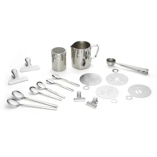 ECHTWERK Kaffeezubehör-Set 23-tlg, silber, Milchschaumkännchen, Kakaostreuer, Barista, Kaffee, Schablonen, je 4x Espresso-, Cappuccino-, Latte Macchiato-Löffel, Kaffeeclips, 1x Kaffeemesslöffel