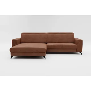 CAVADORE Ecksofa Bounce in Vintage-Leder-Optik / Eckcouch mit Longchair + mattschwarzen Metallfüßen / 290 x 88 x 178 / Mikrofaser, Sattelbraun
