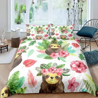 Homewish Bettbezug Kawaii Sloth, 140 x 200 cm, Bettwäsche Faultier Kawaii, Bettwäsche, Palmblatt, Kirschblüte, Monstera, tropisch, für Kinder