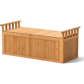 COSTWAY Gartenbox 209L, Auflagenbox Aufbewharungsbox mit Stauraum, Armlehnen, Deckel & Griff, 2-Sitzer Bank, Gartenbank, 128x58x53cm Holz Natur - Naturbelassen