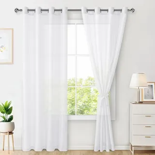Hiasan 2er Set Sheer Voile gardinen vorhänge gardine Wohnzimmer mit ösen Curtains scheibengardinen Vorhang Transparente Durchsichtig Luftig Dekoschal für Schlafzimmer 225x140cm(HxB) Weiß