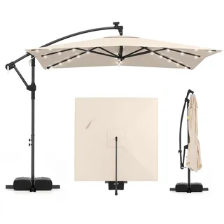 FANTASK Sonnenschirm mit LED-Beleuchtung, 360° drehbar, 250 cm Ampelschirm Rechteckig mit Ständer, Marktschirm mit Kurbel, Terrassenschirm für Garten, Terrasse, Pool (Beige)