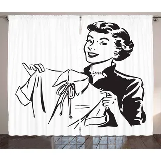 ABAKUHAUS Weinlese-Frau Rustikaler Vorhang, Lady mit Bluse, Wohnzimmer Universalband Gardinen mit Schlaufen und Haken, 280 x 175 cm, Schwarz und weiß - Schwarz