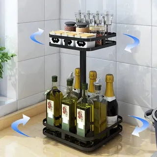 YunNasi Gewürzregal Drehbar 2 Etagen Schwarz Lazy Susan Küchenregal Stehend für Arbeitsplatte Küchenorganizer Eckregal Ohne Bohren