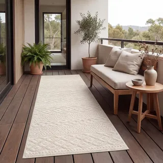 Outdoor Teppich Wetterfest Balkon Wohnzimmer Skandinavisches Boho Einfarbig Grösse 60x100 cm - Creme