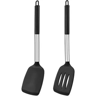Vicloon Pfannenwender Silikon, 2 Stück Silikon Geschlitzt Pfannenwender, Robust, Antihaftbeschichtet, Pfannenwender Set mit Griff aus Edelstahl, Antihaft Spachtel zum Kochenzum Kochen Backen Wenden
