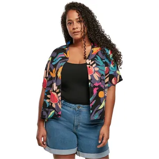 Urban Classics Damen Hemdbluse Ladies Viscose Resort Shirt, Kurzarm Bluse für Frauen, Loose Fit, Blackfruity, S