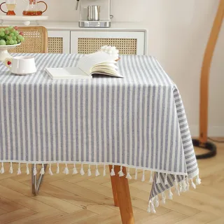 meioro Gestreifte Tischdecke Quadratisch Küche Tischtuch, Blaue, 90x90cm | Blaue/Weiße Streifen Abwaschbare Tischdecken, Dekorative Tischwäsche mit Quasten, Esszimmer Tabletop Boho Küche Table Cloth